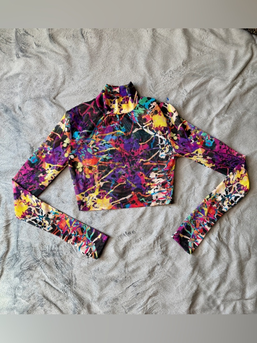 BADINKA Splatter Mesh Rave Top Women's Multicolor Print Long-Sleeve Crop Top-S